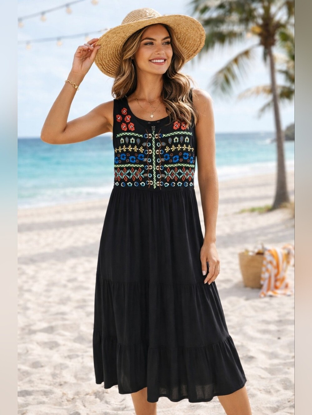 Design History Women's Stretch Rayon Midi Dress Pull On Embroidery Tiered Large - Picture 5 of 11